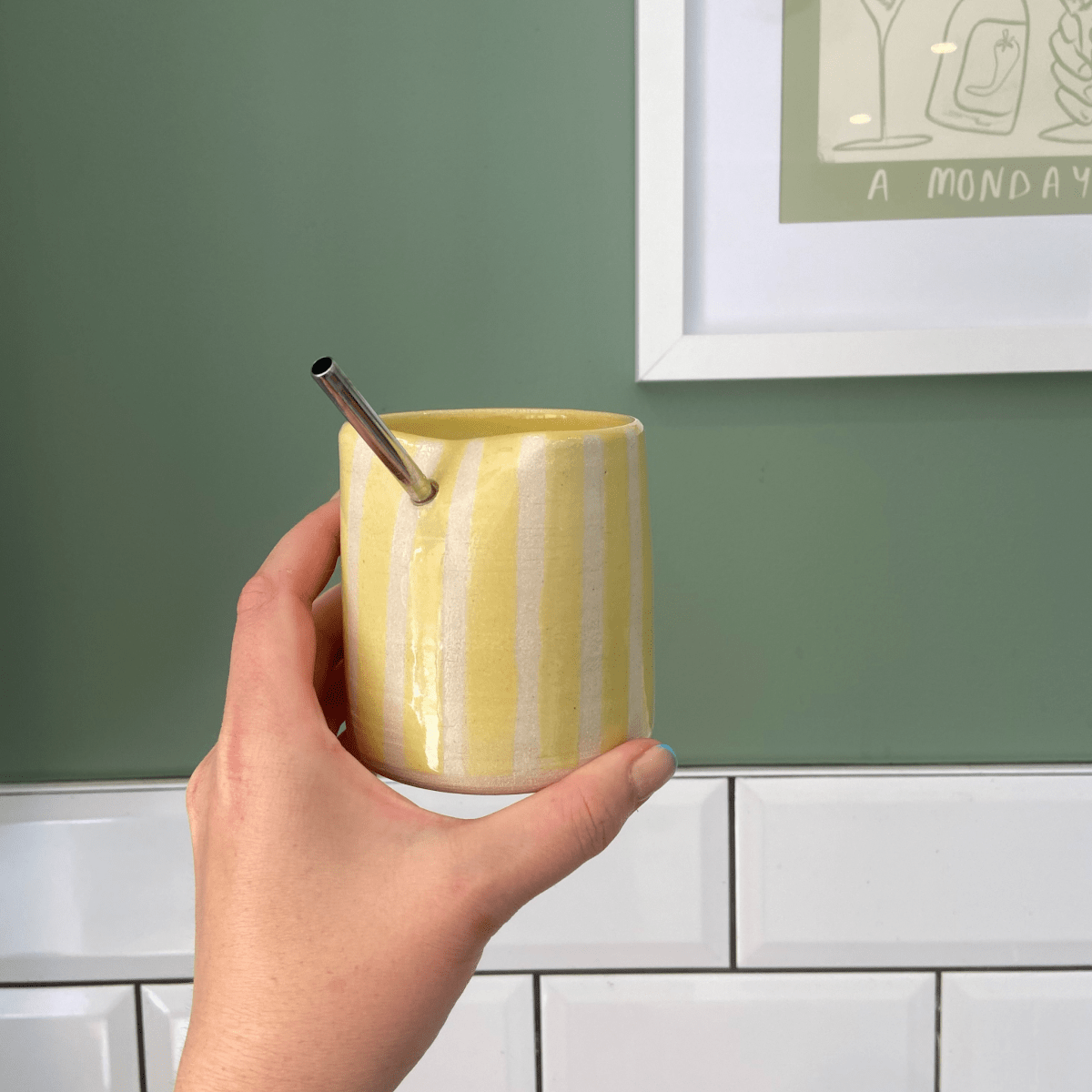 Butter Yellow Striped Iced Coffee Cup - SMSN Ceramics